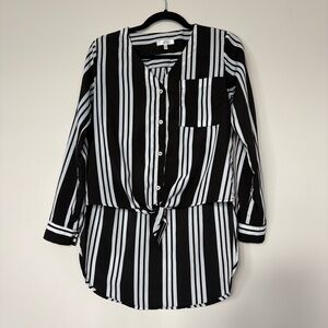 Stella Tweed High Low Black & White Striped Blouse Roll Tab Sleeve Size XS